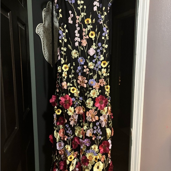 lulus Thriving poise black 3D floral embroidered Tie strap maxi dress. - Picture 3 of 7